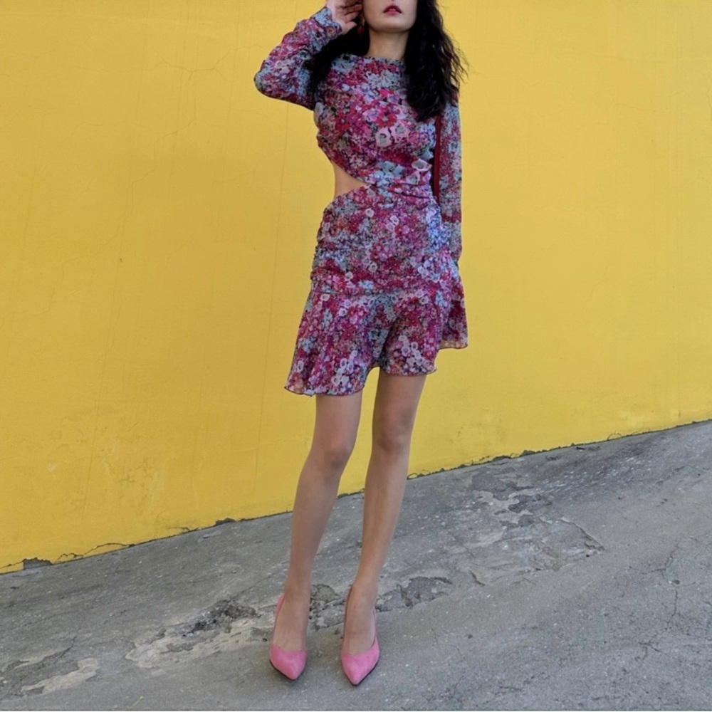 Zara Floral Print Pink Multicolor Long Sleeve Ruched Cut-Out Mini Dress (Small) - Picture 5 of 10
